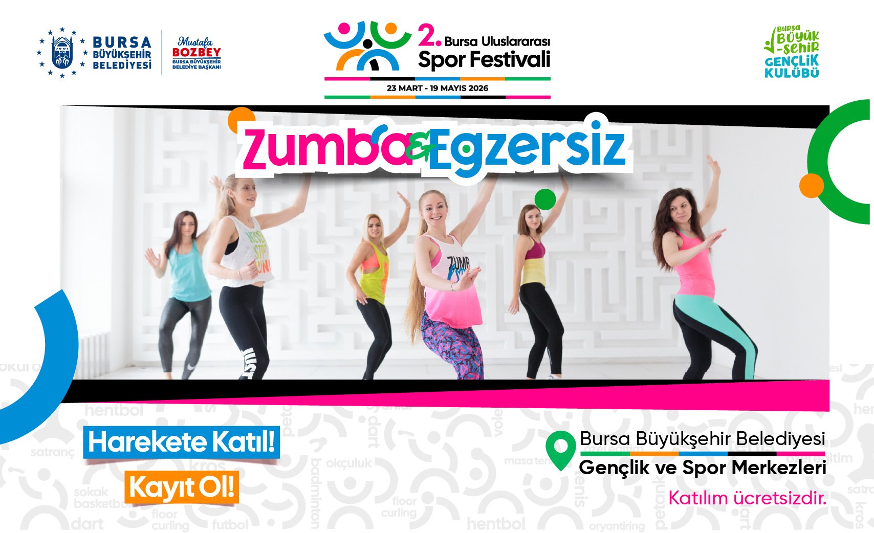 2. Uluslararası Spor Festivali kapsamında, şehrin dört bir yanında ÜCRETSİZ Zumba ve Egzersiz dersleri başlıyor!
