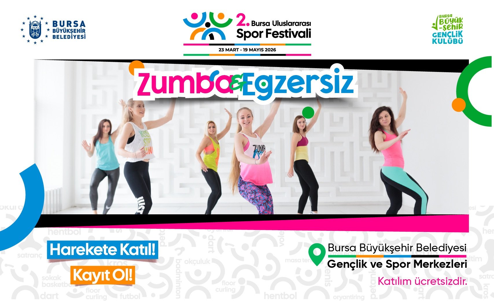 2. Uluslararası Spor Festivali kapsamında, şehrin dört bir yanında ÜCRETSİZ Zumba ve Egzersiz dersleri başlıyor!